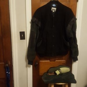 2 PIECE black and green leather and suede outfit